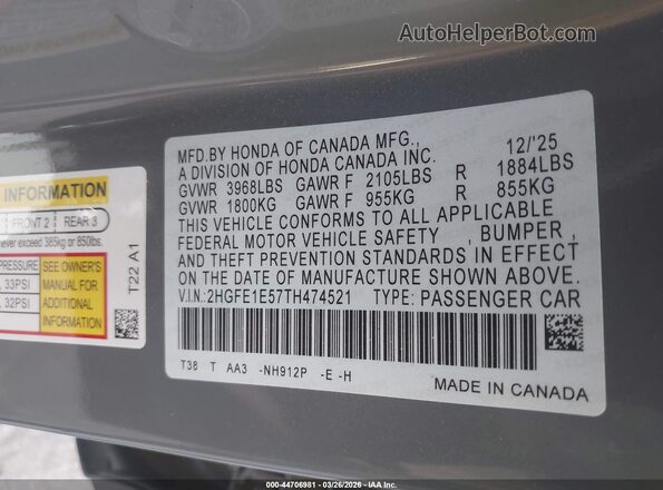 2HGFE1E57TH474521 2026 HONDA CIVIC SI Gray 