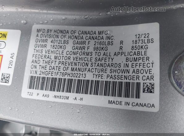2HGFE1F76PH302213 2023 HONDA CIVIC Silver Շարժիչի բաժամունքի տեսք