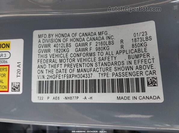 2HGFE1F9XPH304337 2023 HONDA CIVIC Gray Вид підкапотного простору