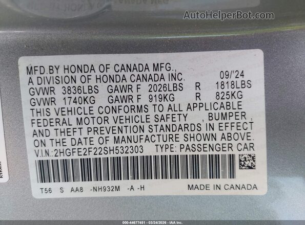2HGFE2F22SH532303 2025 HONDA CIVIC Silver Շարժիչի բաժամունքի տեսք