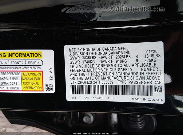 2HGFE2F24TH553039 2026 HONDA CIVIC Black 