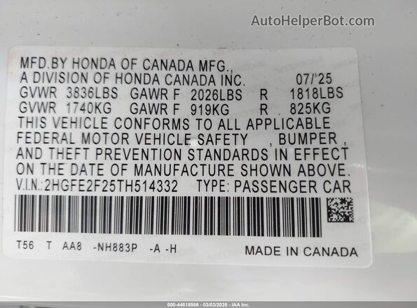2HGFE2F25TH514332 2026 HONDA CIVIC White Engine compartment view