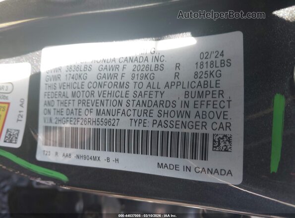 2HGFE2F26RH559627 2024 HONDA CIVIC Gray Widok komory silnika