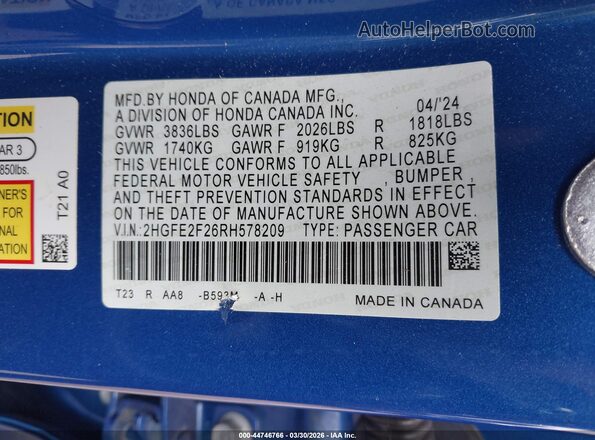 2HGFE2F26RH578209 2024 HONDA CIVIC Blue Widok komory silnika