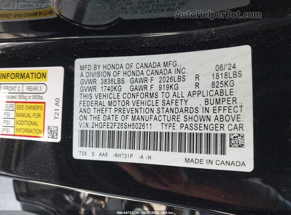 2HGFE2F26SH502611 2025 HONDA CIVIC Black 