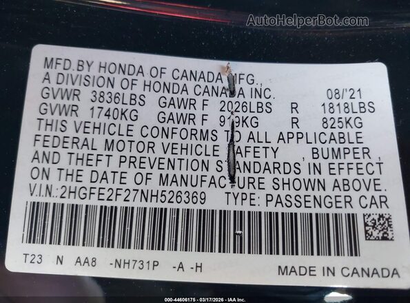 2HGFE2F27NH526369 2022 HONDA CIVIC Black 