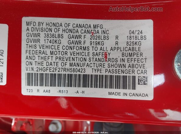 2HGFE2F27RH580423 2024 HONDA CIVIC Red Widok komory silnika