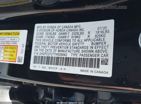 2HGFE2F27TH509942 2026 HONDA CIVIC Black 