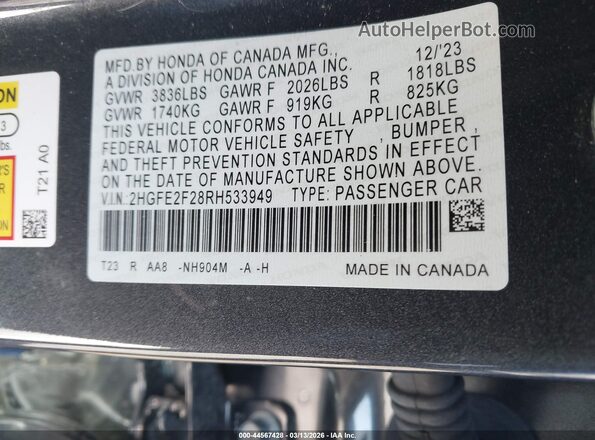 2HGFE2F28RH533949 2024 HONDA CIVIC Black Вид підкапотного простору
