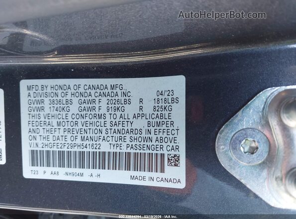 2HGFE2F29PH541622 2023 HONDA CIVIC Gray Vista del compartimento del motor