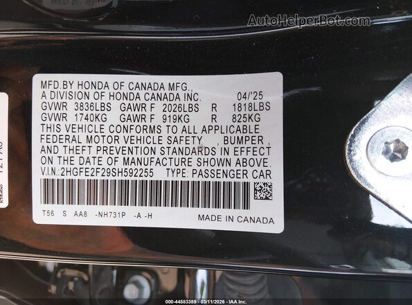 2HGFE2F29SH592255 2025 HONDA CIVIC Черный Вид подкапотного пространства