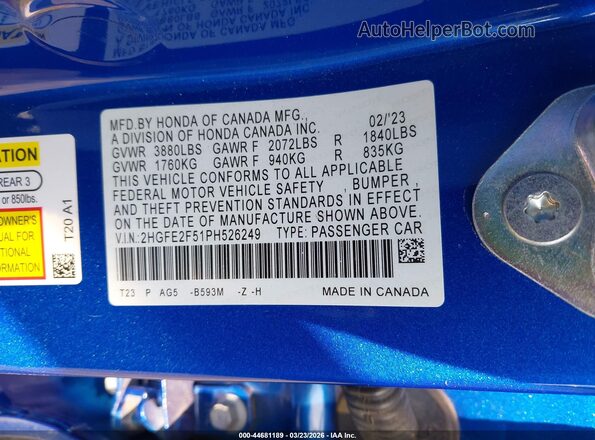 2HGFE2F51PH526249 2023 HONDA CIVIC Blue Engine compartment view