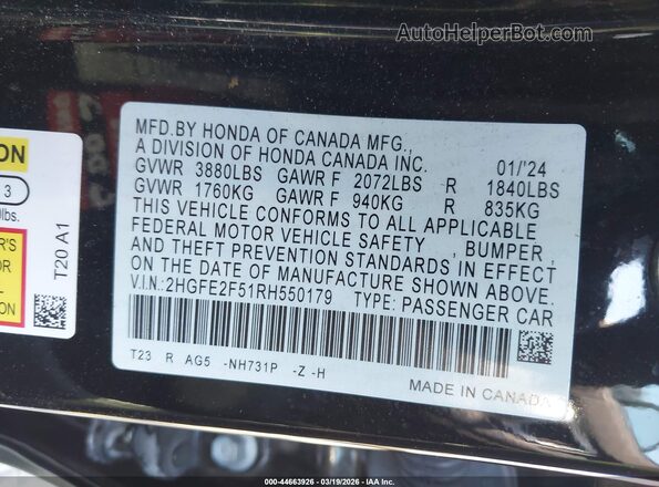 2HGFE2F51RH550179 2024 HONDA CIVIC Black ძრავის განყოფილების ხედი