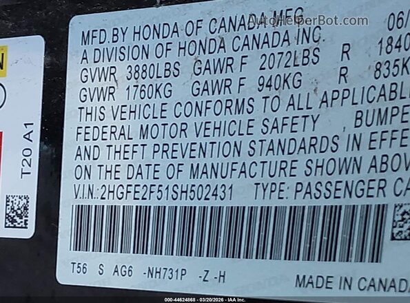 2HGFE2F51SH502431 2025 HONDA CIVIC Black Շարժիչի բաժամունքի տեսք