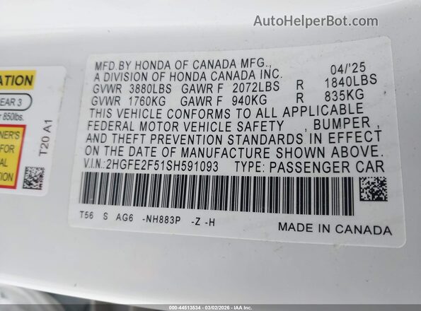 2HGFE2F51SH591093 2025 HONDA CIVIC Белый 