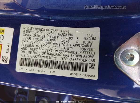 2HGFE2F52NH544028 2022 HONDA CIVIC Blue Engine compartment view