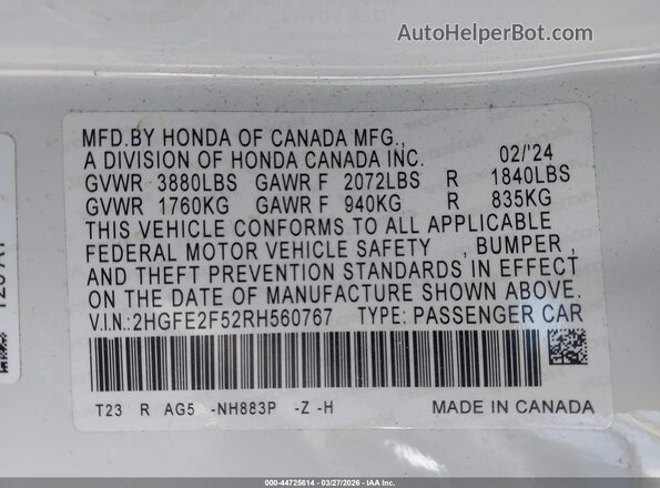 2HGFE2F52RH560767 2024 HONDA CIVIC White Вид підкапотного простору