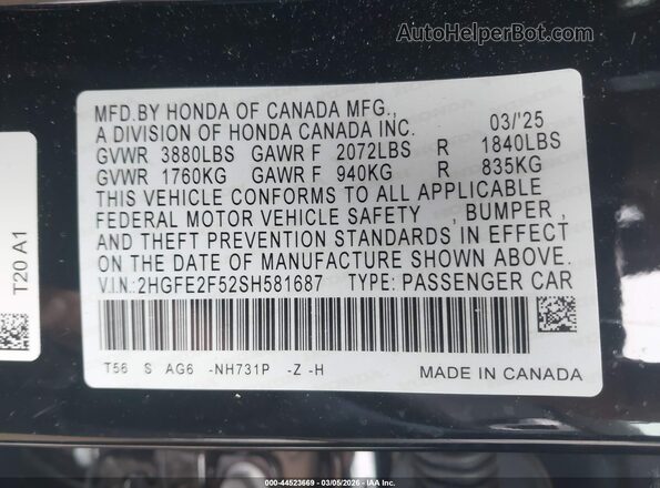 2HGFE2F52SH581687 2025 HONDA CIVIC Black 
