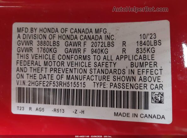 2HGFE2F53RH515515 2024 HONDA CIVIC Red Widok komory silnika