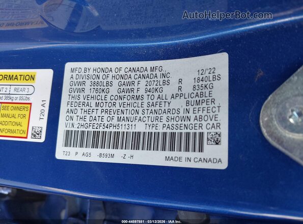 2HGFE2F54PH511311 2023 HONDA CIVIC Blue Vista del compartimento del motor