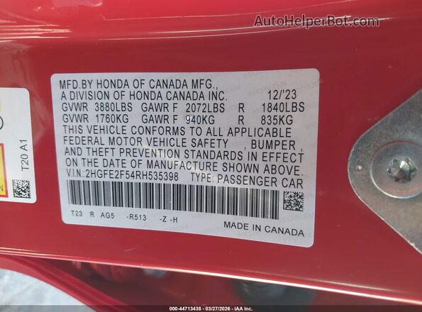 2HGFE2F54RH535398 2024 HONDA CIVIC Red 