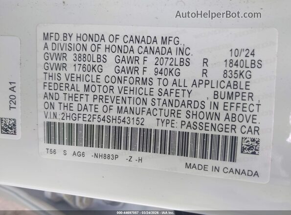 2HGFE2F54SH543152 2025 HONDA CIVIC White Engine compartment view