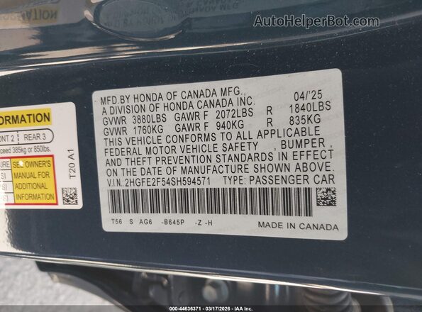 2HGFE2F54SH594571 2025 HONDA CIVIC Blue Vista del compartimento del motor