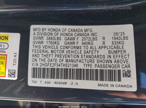 2HGFE2F54TH521346 2026 HONDA CIVIC Gray Engine compartment view