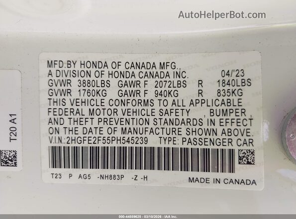 2HGFE2F55PH545239 2023 HONDA CIVIC White Vista del compartimento del motor
