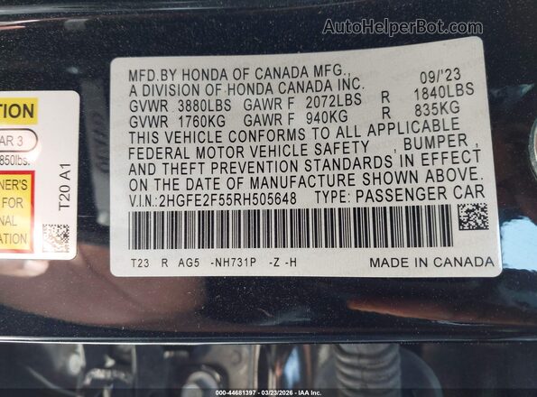 2HGFE2F55RH505648 2024 HONDA CIVIC Черный Вид подкапотного пространства