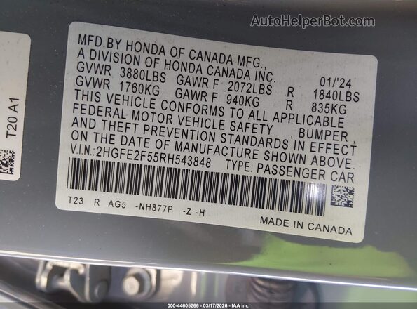 2HGFE2F55RH543848 2024 HONDA CIVIC Gray 