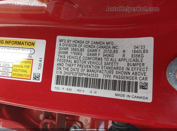 2HGFE2F56PH543533 2023 HONDA CIVIC Red Vista del compartimento del motor