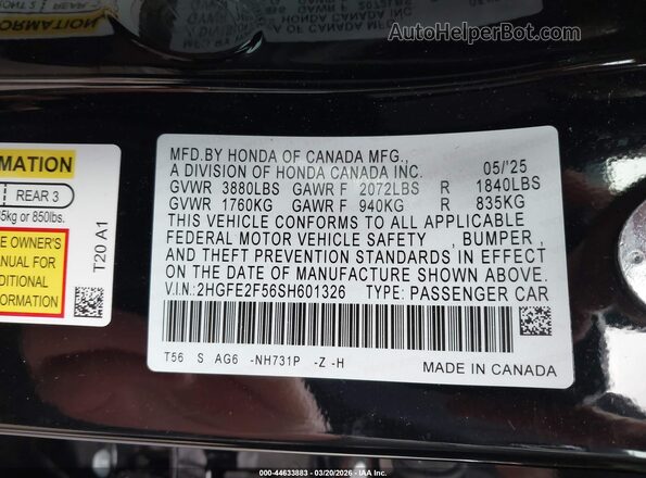 2HGFE2F56SH601326 2025 HONDA CIVIC Black Engine compartment view