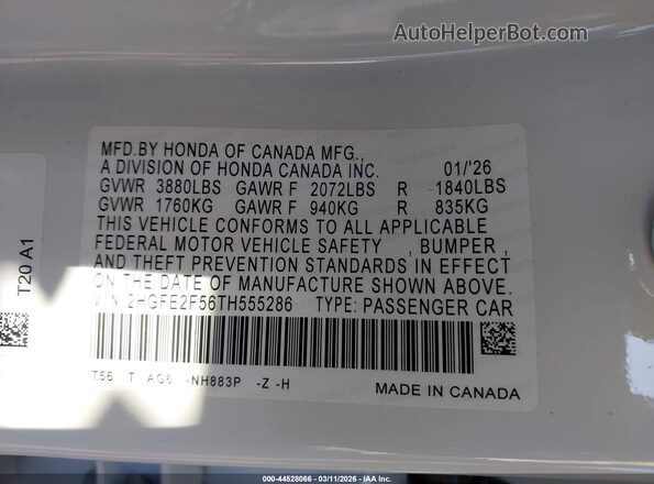 2HGFE2F56TH555286 2026 HONDA CIVIC White Engine compartment view