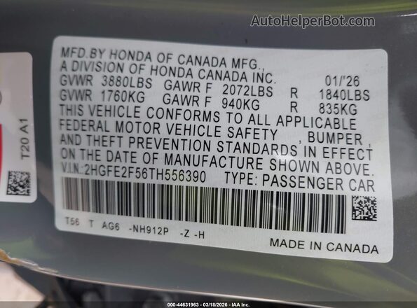 2HGFE2F56TH556390 2026 HONDA CIVIC Blue Engine compartment view