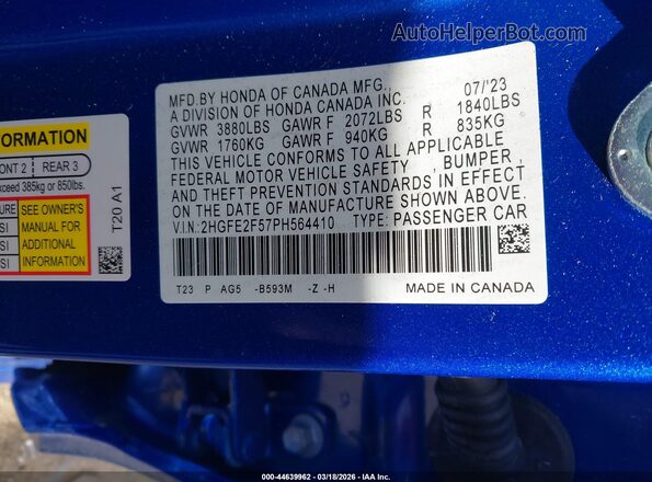 2HGFE2F57PH564410 2023 HONDA CIVIC Синий Вид подкапотного пространства