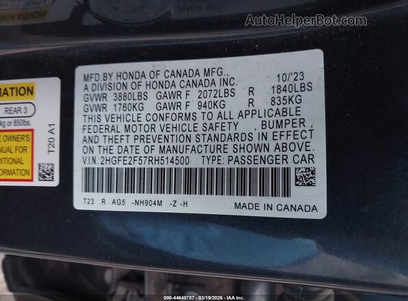 2HGFE2F57RH514500 2024 HONDA CIVIC Gray Widok komory silnika