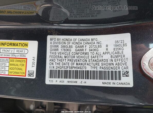 2HGFE2F58PH549270 2023 HONDA CIVIC Gray Widok komory silnika