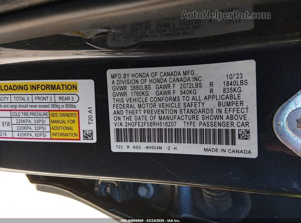 2HGFE2F58RH516207 2024 HONDA CIVIC Black Engine compartment view