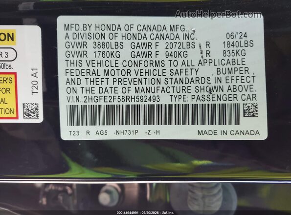 2HGFE2F58RH592493 2024 HONDA CIVIC SEDAN SPORT W/ Black Widok komory silnika