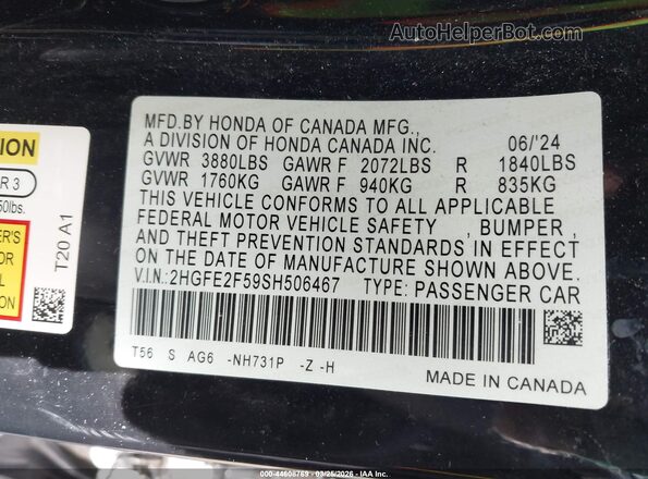 2HGFE2F59SH506467 2025 HONDA CIVIC Black Engine compartment view