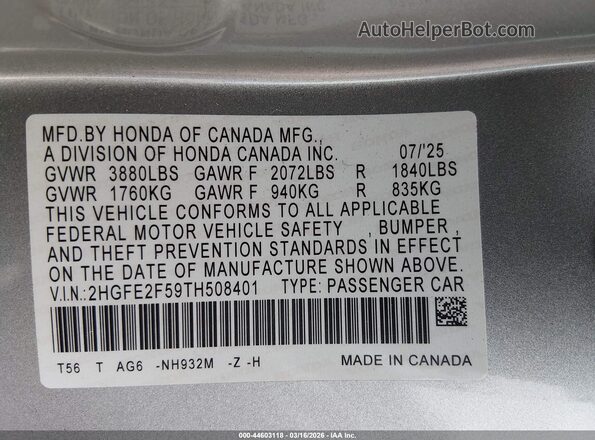 2HGFE2F59TH508401 2026 HONDA CIVIC Silver Շարժիչի բաժամունքի տեսք