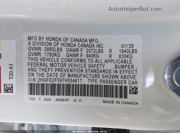 2HGFE2F59TH554617 2026 HONDA CIVIC White Շարժիչի բաժամունքի տեսք