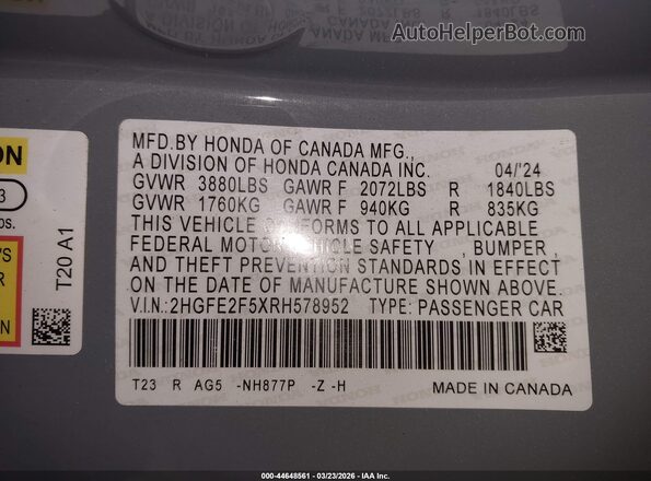 2HGFE2F5XRH578952 2024 HONDA CIVIC Gray 