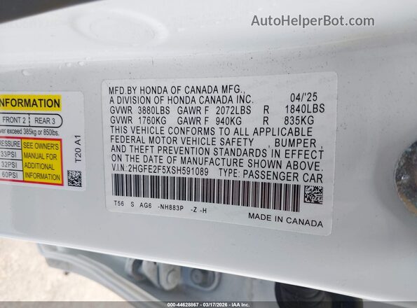 2HGFE2F5XSH591089 2025 HONDA CIVIC White 