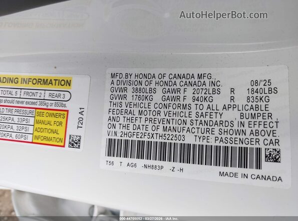 2HGFE2F5XTH522503 2026 HONDA CIVIC White Vista del compartimento del motor