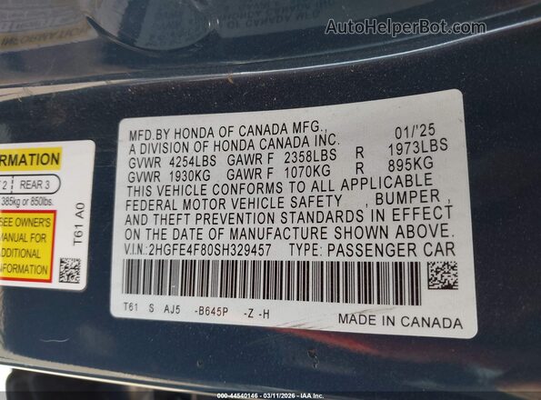 2HGFE4F80SH329457 2025 HONDA CIVIC Blue Vista del compartimento del motor