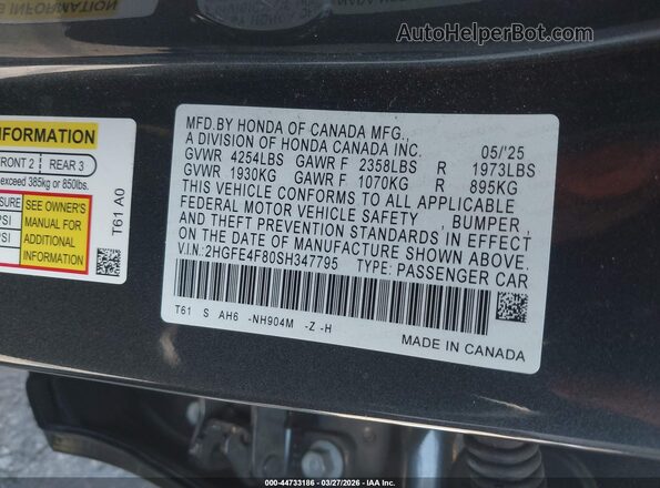 2HGFE4F80SH347795 2025 HONDA CIVIC Gray Widok komory silnika