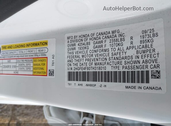 2HGFE4F80TH318010 2026 HONDA CIVIC HYBRID White 