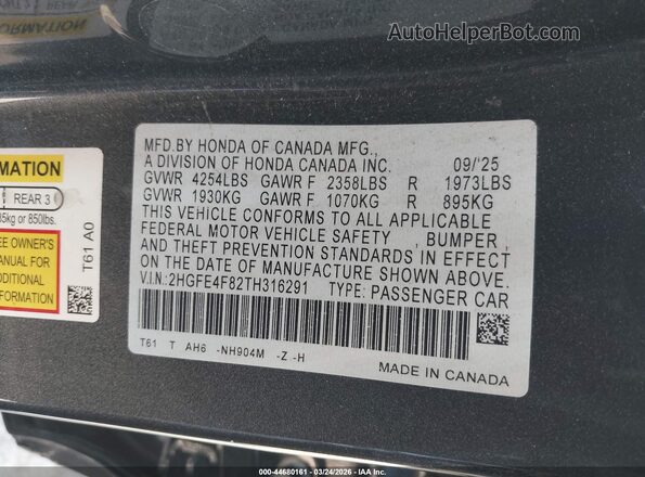 2HGFE4F82TH316291 2026 HONDA CIVIC Black Vista del compartimento del motor